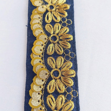Indian Sari Trim, Blue Art Silk Fabric With Gold Thread Embroidered Flowers Trim, Gold Sequins